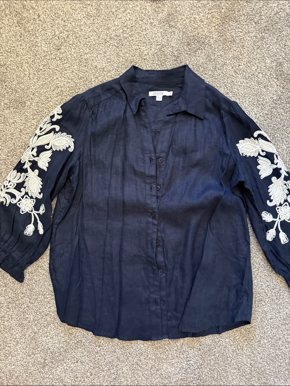 Chico's Navy Button-Down Blouse with White Sleeve Embroidery